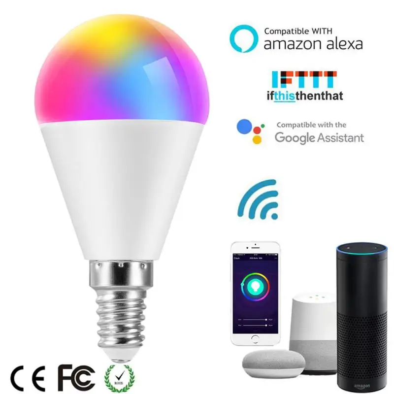 6W E27/E14 APP WiFi Bluetooth Smart LED Light Bulb Dimmable Lamp For Google Home 