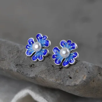 

Real Silver Cloisonne Clover Earrings For Woman Female S925 Sterling Silver traditional Craft Blue Pear Clover Earrings Jewelry
