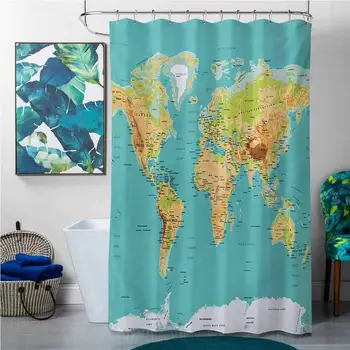 

Shower Curtains with Valance Map,Map of The World Geography Continents and Countries Physical Cartography Image,Sea Green