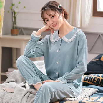 

Pure Cotton Long Sleeve Pajamas Female Spring And Autumn Two-Piece Suit Cute Outer Wear Cardigan Casual Women'S Clothing