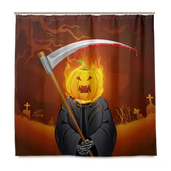 

Unique Shower Curtain Burning Halloween Grim with Pumpkin Head Eco-Friendly with 12 Hooks in Bathroom W66 xH72