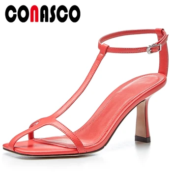 

CONASCO Sexy Fashion Concise Women Sandals Summer New Narrow Band T-Strap Women Pumps Genuine Leather High Heels Shoes Woman