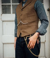 Business Mens Suit Vest Lapel V Neck Wool Herringbone Casual Brown Waistcoat Casual Formal Groomsman Jacket For Wedding 2