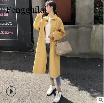 Женская желтая шерстяная куртка средней длины, корейский стиль, стиль, осень и зима, популярная шерстяная куртка выше колена