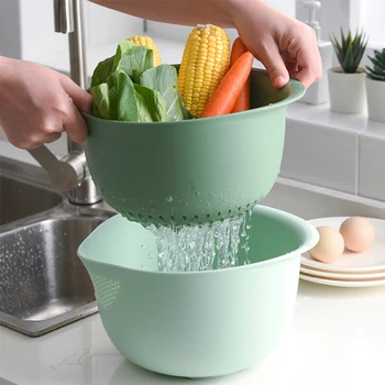 

Kitchen Double Drain Basket Bowl Washing Storage Basket Strainers Bowls Drainer Vegetable Cleaning Colander Tool
