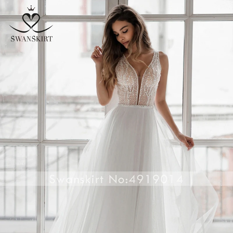 Фея бисером тюль свадебное платье Swanskirt NR11 v-образным вырезом Иллюзия шифон A-Line спинки суд Поезд свадебное платье Vestido De Noiva