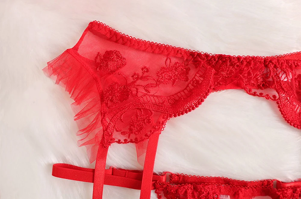 underwear sets sale Ellolace Sensual Lingerie Woman Red Lace Transparent Women's Underwear Bra Garters Thongs Bilizna Set Kiss New Year Sexy Costume bra and knicker sets