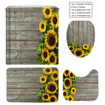 

4pcs Soft Home Decor Rugs Waterproof Shower Curtain Set Hotel Bathroom Dorm Sunflower Print Bath Mat Toilet Lid Cover Non Slip