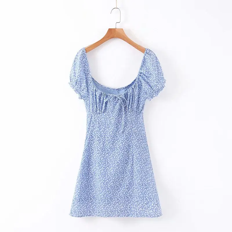 Holiday Center Bow Summer Vintage Blue Floral Print Beach Slim women mini dress vestidos dropshipping clothes vintage brandy na