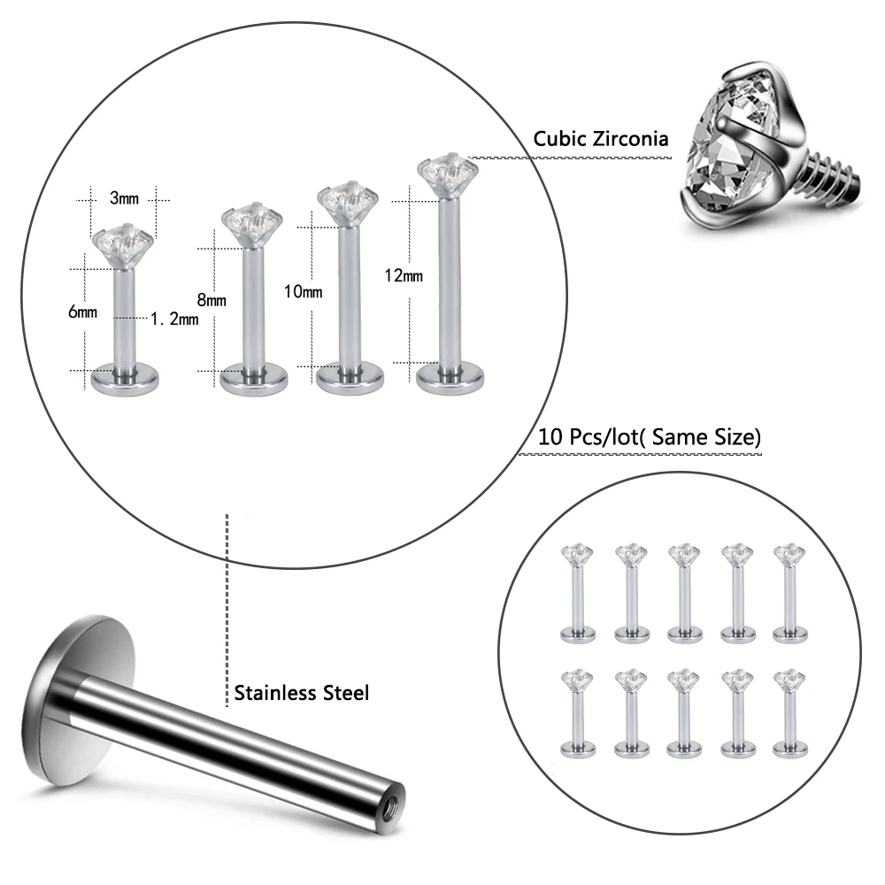 ZS 10pcs/lot Round CZ Crystal Stainless Steel Lip Ring 16g Labret Monore Medusa Piercings Ear Tragus Helix Piercing 6/8/10/12MM