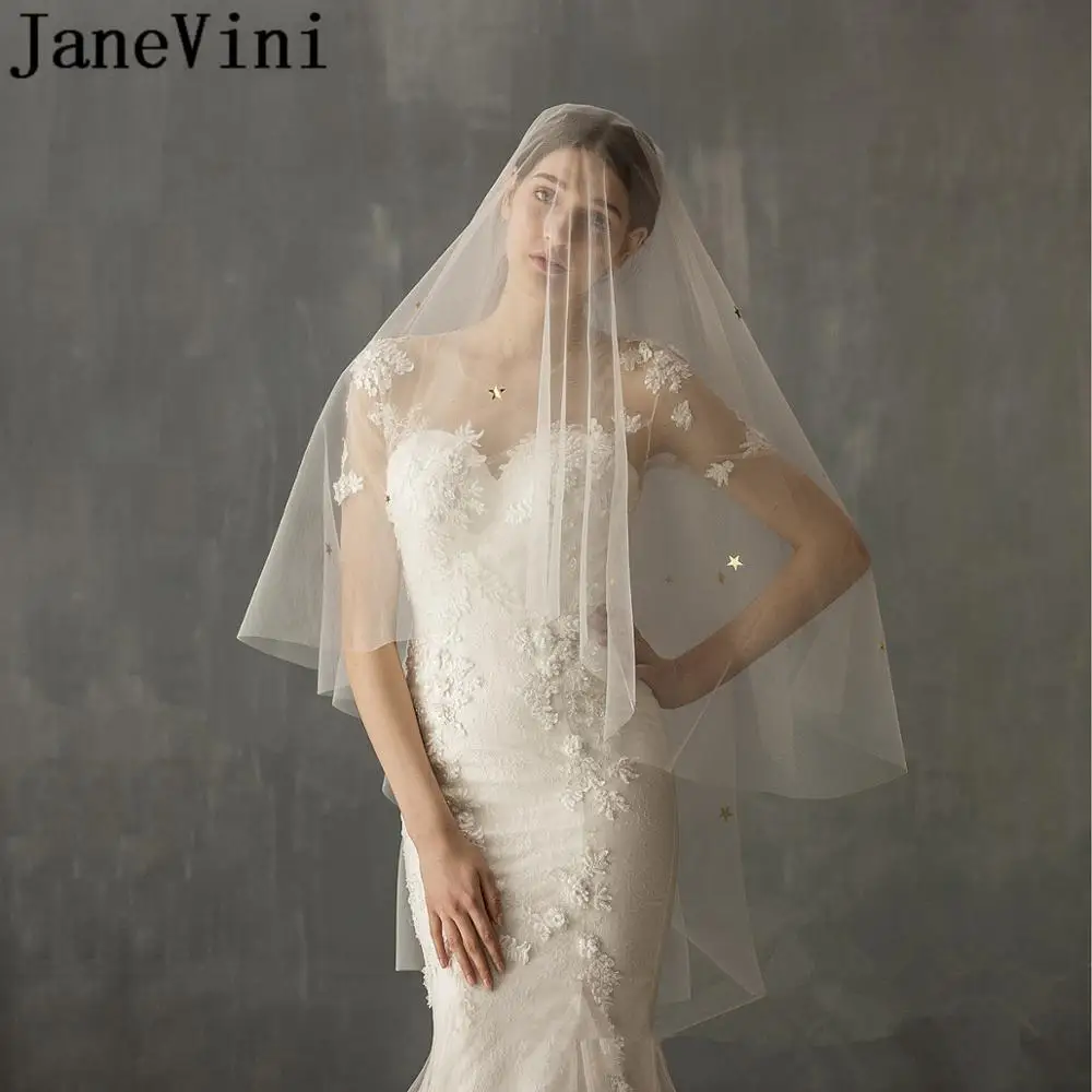 JaneVini, двухслойная свадебная вуаль с расческой, блестящие звезды, короткая свадебная вуаль, veu de noiva, Курто, обрезанная кромка, Тюлевая Фата, Tule Mariage