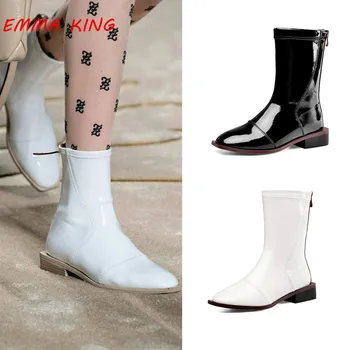 

2020 Runaway Fashion Square Toe Patent Leather Mid-Calf Boots Women Back Zip Sexy Low Heel Shoes Woman Spring Winter Roman Style