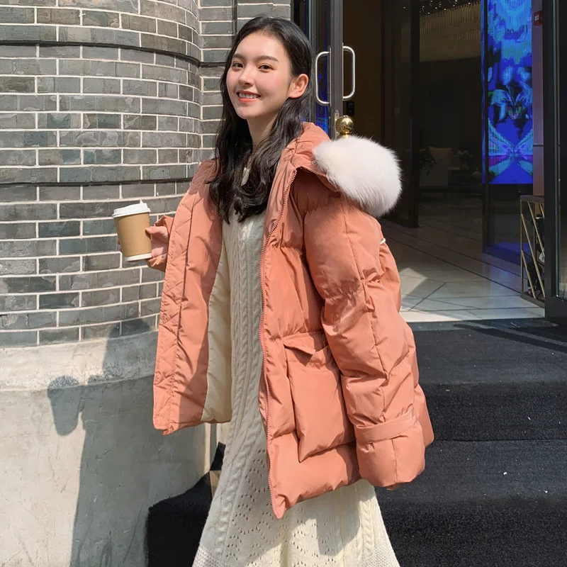 

2019 Winter New Style Students Bread Cotton Coat Women's Korean-style Loose-Fit Popular INS Large Fur Collar down Feather Cotton