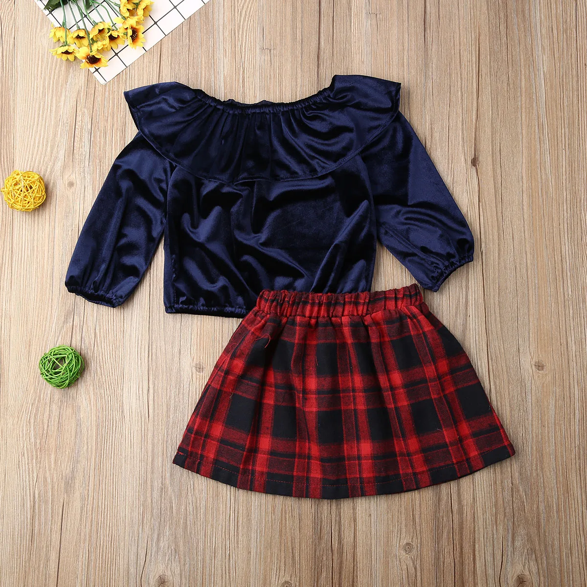 2-7Y модная детская одежда для маленьких девочек; комплекты одежды; синие бархатные топы с длинными рукавами; клетчатые юбки; осенне-зимняя одежда