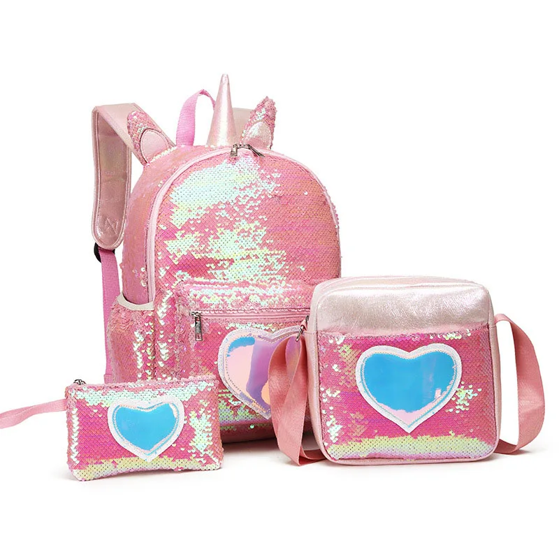 

Cute 3pcs Sequins Unicorn Primary Student School Bag Set Kids Backpack for Teenager Girls Cartoon Children Christmas Gift
