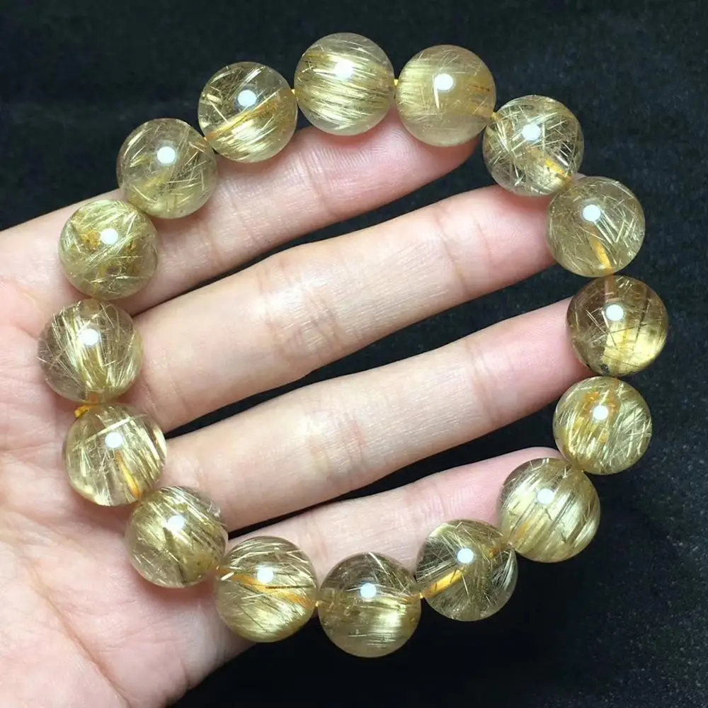 

13.5mm Natural Gold Rutilated Quartz Crystal Woman Man Bracelet Gemstone Clear Round Beads Wealthy Stone Certificate AAAAA