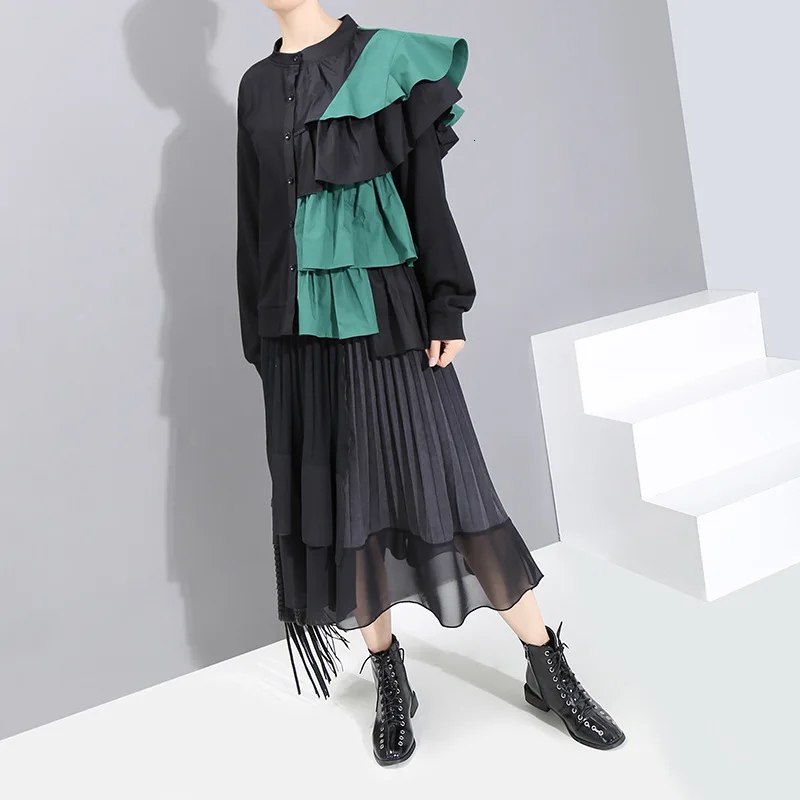  [EAM] Women Ruffles Split Temperament Blouse New Stand Collar Long Sleeve Loose Fit Shirt Fashion S