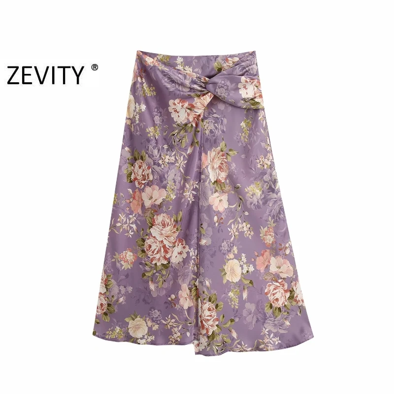 Zevity New Women Vintage knotted decoration flower print split midi skirt faldas mujer ladies back zipper casual skirts QUN661 Zevity New Women Vintage knotted decoration flower print split midi skirt faldas mujer ladies back zipper casual skirts QUN661