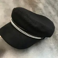 Новая металлическая цепочка, кожаная тканевая Плоская верхняя шляпа с коротким козырьком, Маленькая женская кепка в стиле милитари