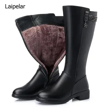 

2020 New Wool Snow Boots Women Fur Warm Shoes Plush Mid Calf Boots New Fashion Zipper Warm Genuine Leather Women Winter Boots