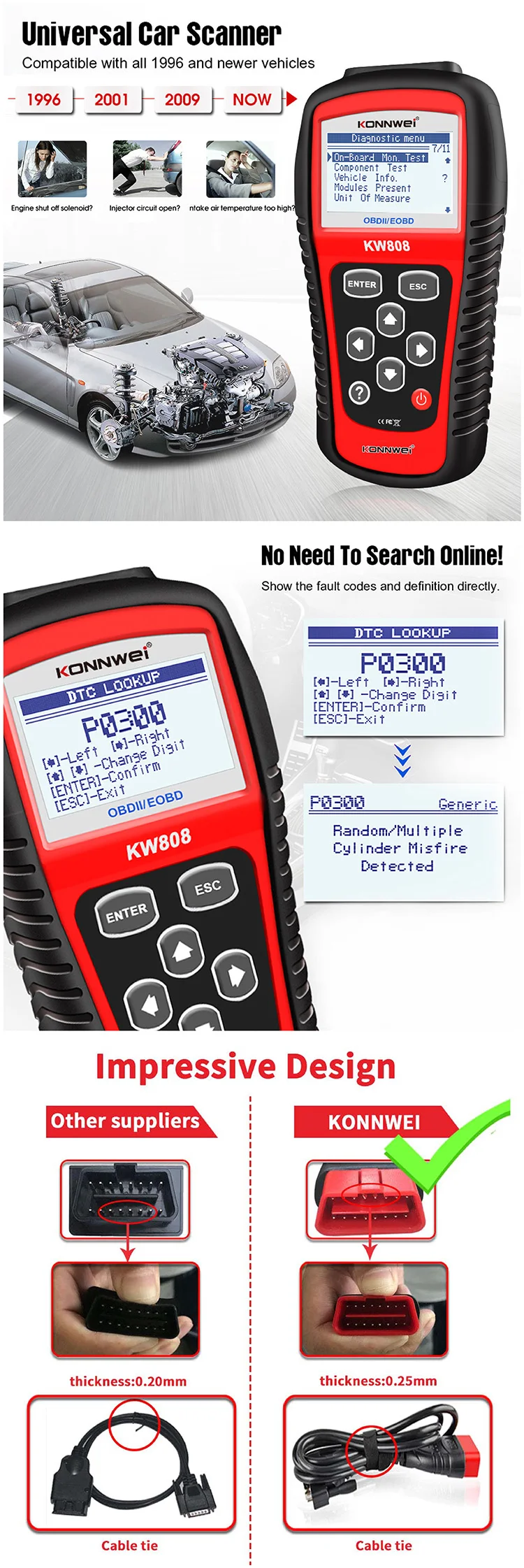 New launch Escaner Automotriz OBD ii Vehicle Diagnostic Machine Konnwei KW808 obd2 Car Scanner Diagnostic Tool for all cars