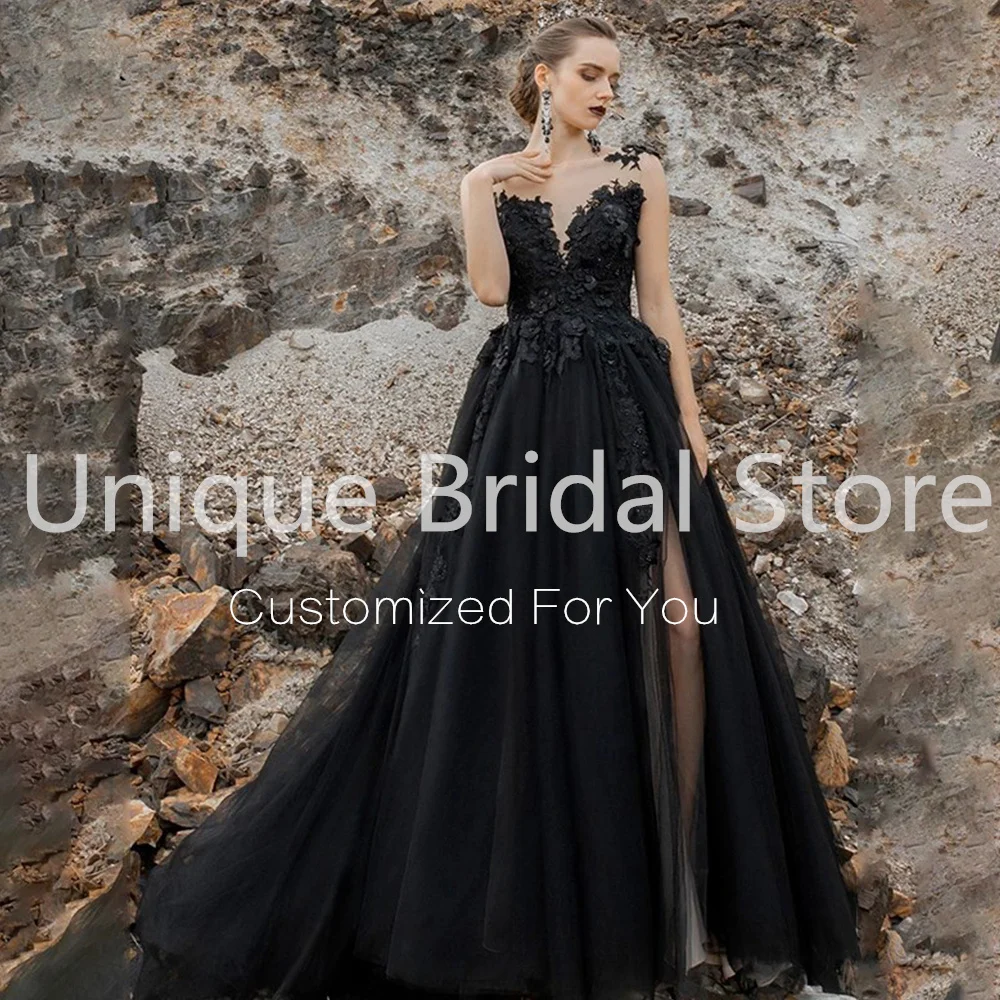 mermaid wedding dress UETEEY Sexy Gothic Black Wedding Dress Sleeveless Scoop High Split Backless Lace Appliques Bridal Gowns 2021 Vestidos De Noivas traditional wedding dresses