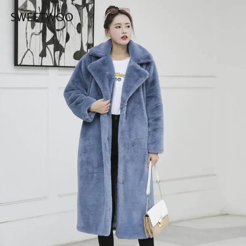 Winter Women High Quality Faux Rabbit Fur Coat Luxury Long Fur Coat Loose Lapel Overcoat Thick Warm  Female Plush Coats