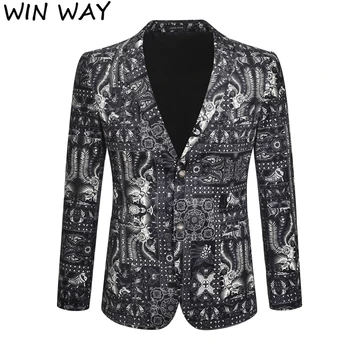 

Win Way 2019 Winter Slim Jacket Party Dress Outfit Trendy Luxury Blazer Masculino Casual Print Suits Mens Black Blazer