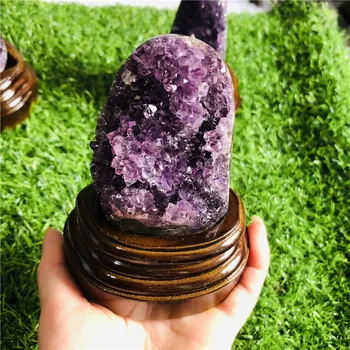 

160-230g Natural Uruguayan Amethyst Quartz Cave Geode Crystal/Hand-carved WOOD STAND