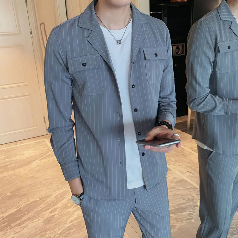

Autumn Set New Style 2019 Shirt MEN'S Suit Korean-style Fashion Stripes Shirt Pants Leisure Suit Fashion
