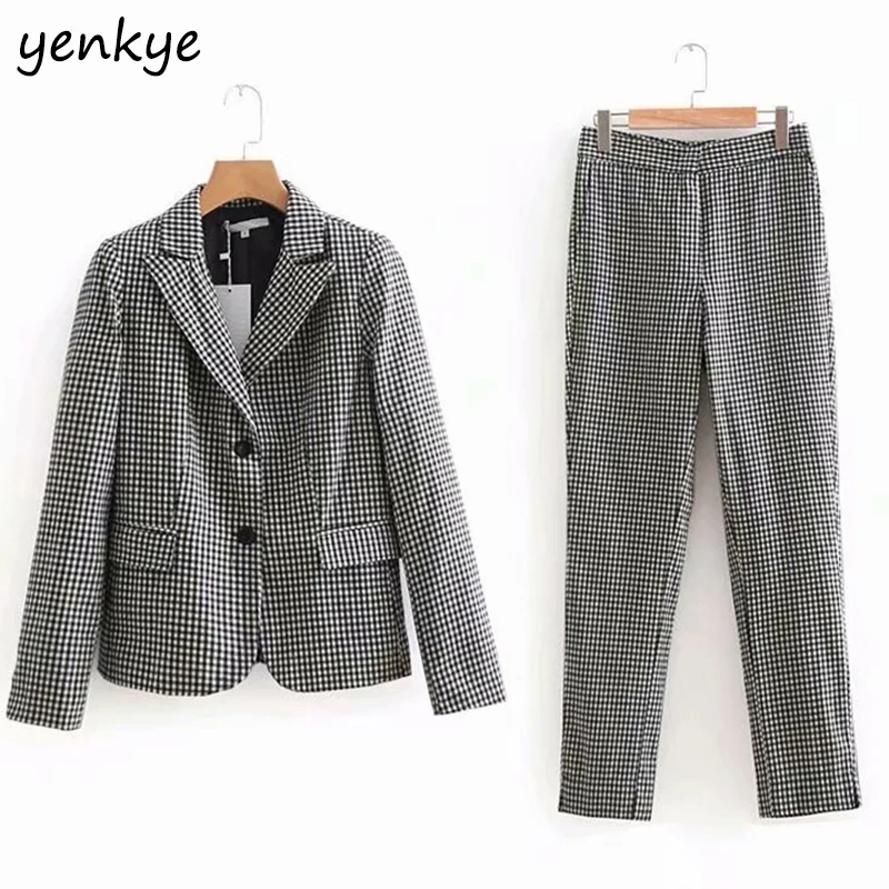 

Autumn 2019 Women Long Sleeve Vintage Plaid Blazer Mujer Notched Collar Long Sleeve Single-Breasted Slim Office Lady Suits