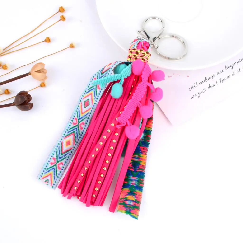 

1Pc Bohemian Style Multicolor Feather Tassel Keychain Women Leather Grass Bag Beach Party Gift Handcraft Jewelry E2747/E2750