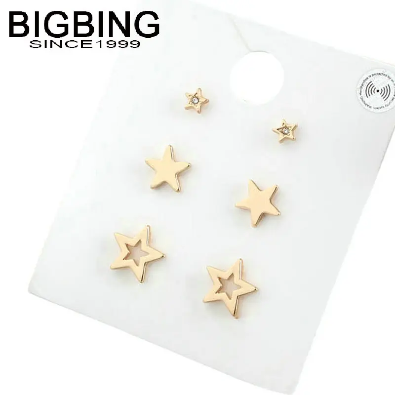 R336 BIGBING ювелирные изделия, 3 пары, золотые серебряные серьги-гвоздики со звездами, женские серьги, модная Ювелирная серьга хорошего качества