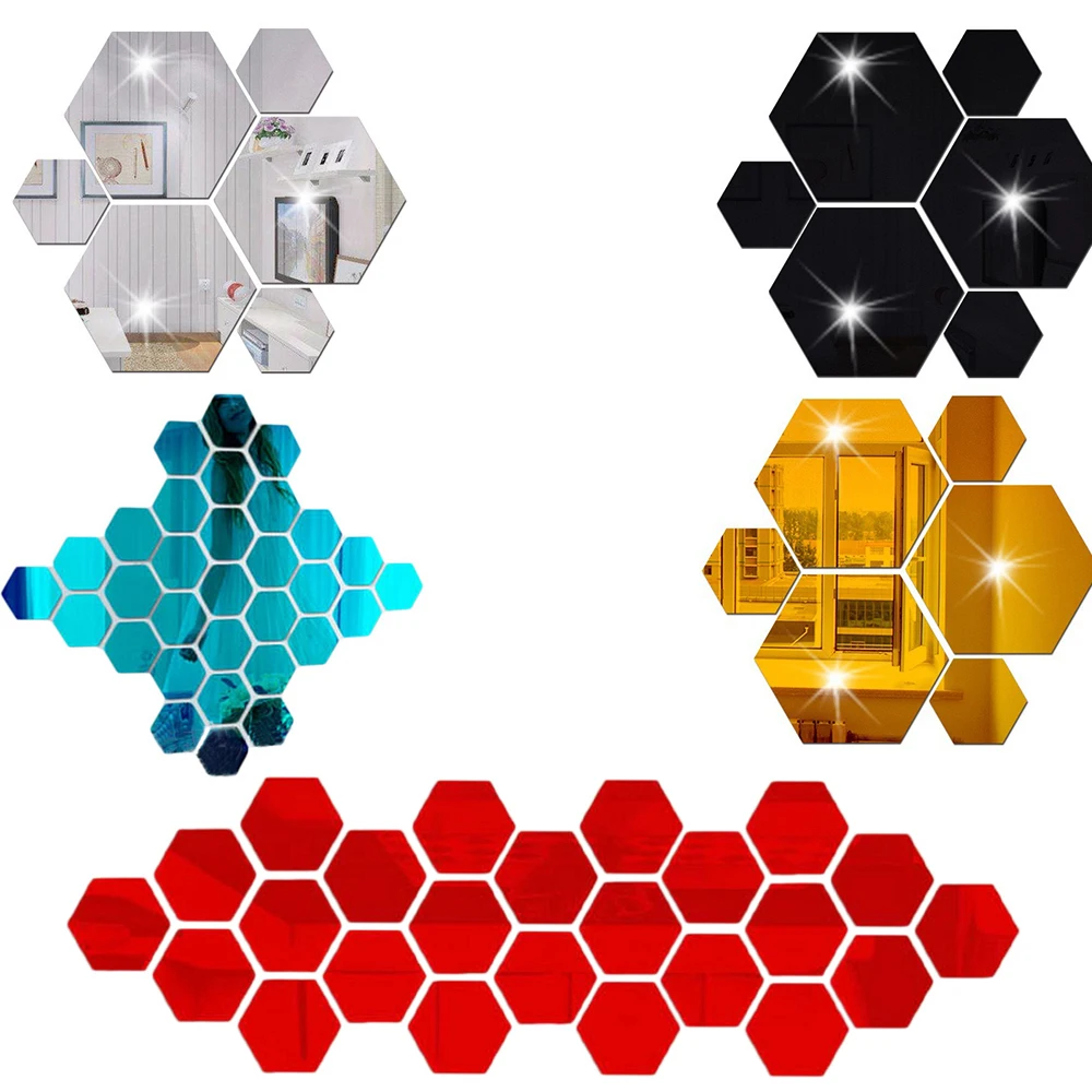 

12PCs Hexagon 3D Acrylic Mirror Wall Sticker Removable Wall Crystal Stereo Mirror Sticker Home Decor Mirrored Decorative Sticker