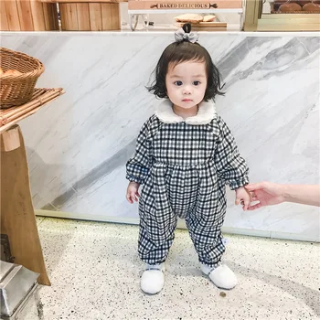 

Toddler clothes autumn winter baby girls clothes Long-sleeved jumpsuit with lovely lapels and fleece with plaid pattern