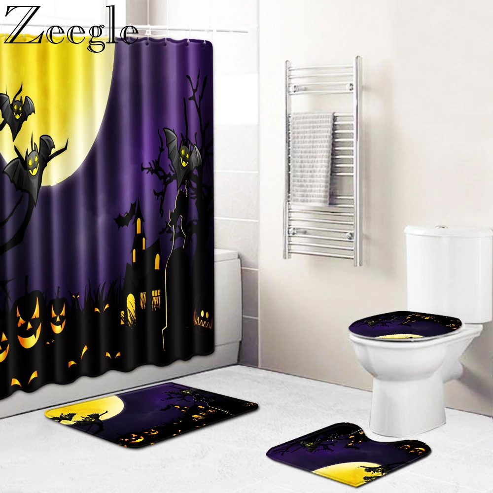 

Zeegle Waterproof Shower Curtain Halloween Bath Curtain Absorbent Foot Mat Soft Toilet Cover Mat Washable Bathroom Rug Set
