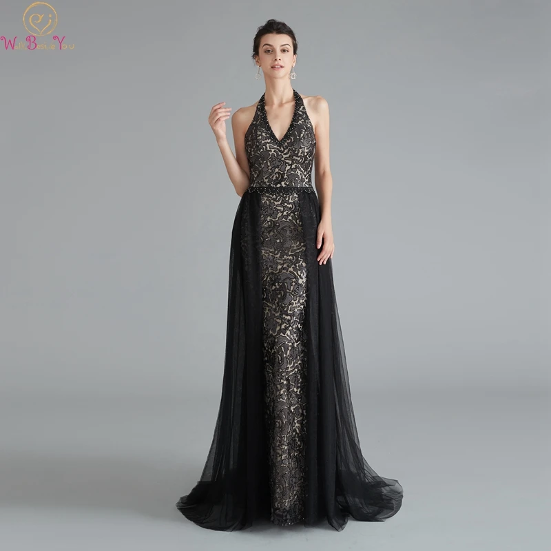 

Black Mermaid Evening Dresses Elegant Sequined Lace Halter Neck Sexy Backless Formal Prom Gowns Long robe soiree Walk Beside You