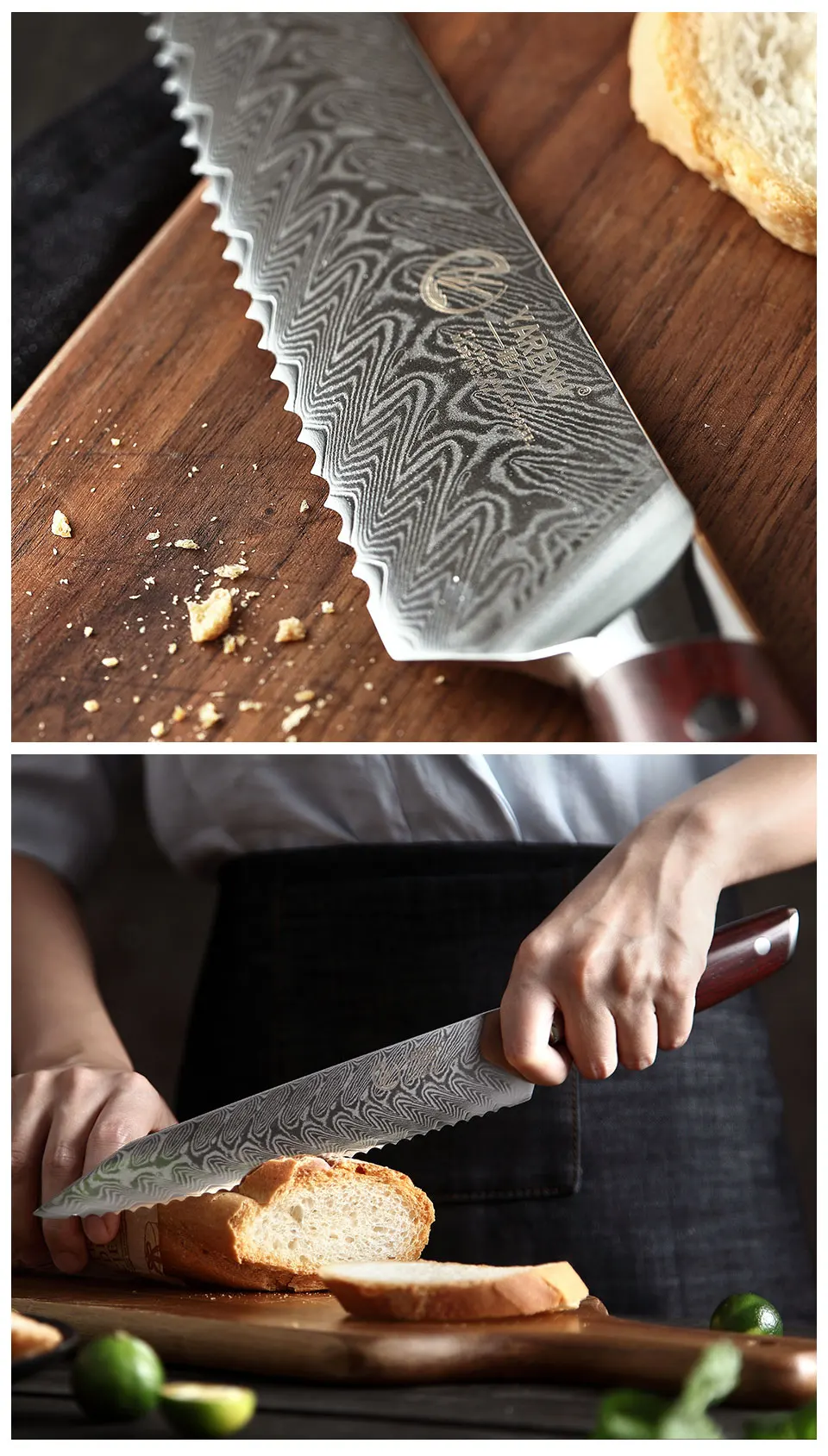 YARENH 8 дюймов нож для хлеба кухонные ножи 67 слоев дамасской стали зубчатый нож шеф-повара нож для резки хлеба торт Палисандр Ручка