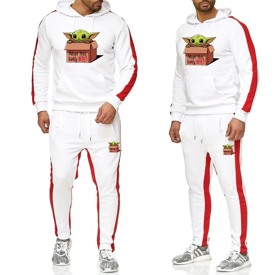 Popular Olevo Mens Clothing 2 Piece Set Star War Yoda Print Tracksuit Stripe Hip Hop Sweatsuit Sweatpants Men Jogger Hoodies Sports Suit