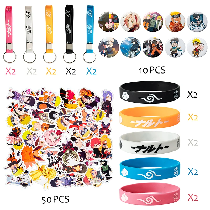 80Pcs Leaf Village Anime Themed Party Favor Supplies Set Game Decoration Include Keychains Bracelets Badges Stickers for Kids