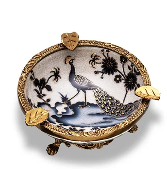 

135mm Round Peacock Ceramic Cigar Ashtray with Bronze Frame and Claw Foot