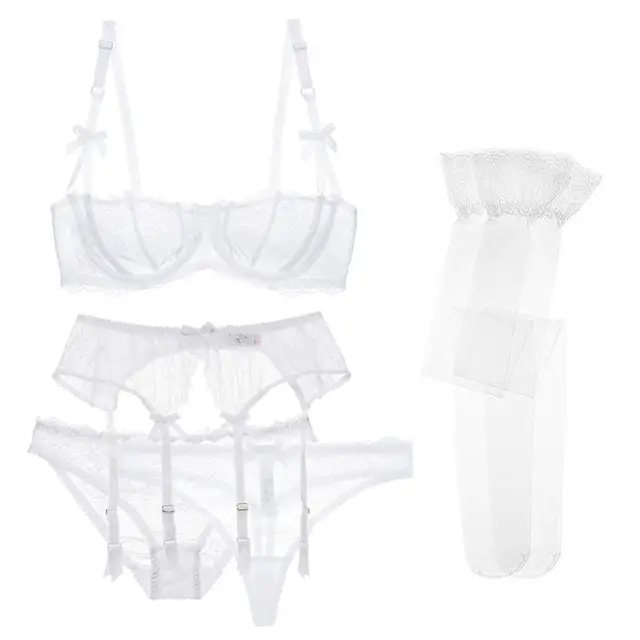 Varsbaby sexy lace 5 pcs bras+garters+panties+thongs+stockings underwear black/pink /white plus size bra set 2