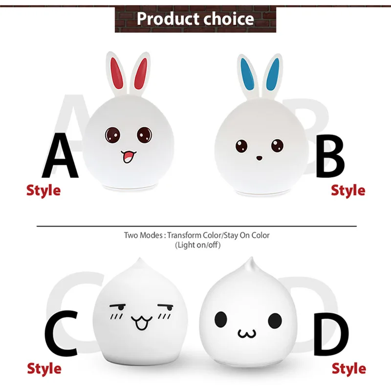 LED RGB Silicone Night Light Rabbit LED Water Droplets Silicone Nightlight 7 Color Changing Induction Lamp Bedroom Bedside Lamp