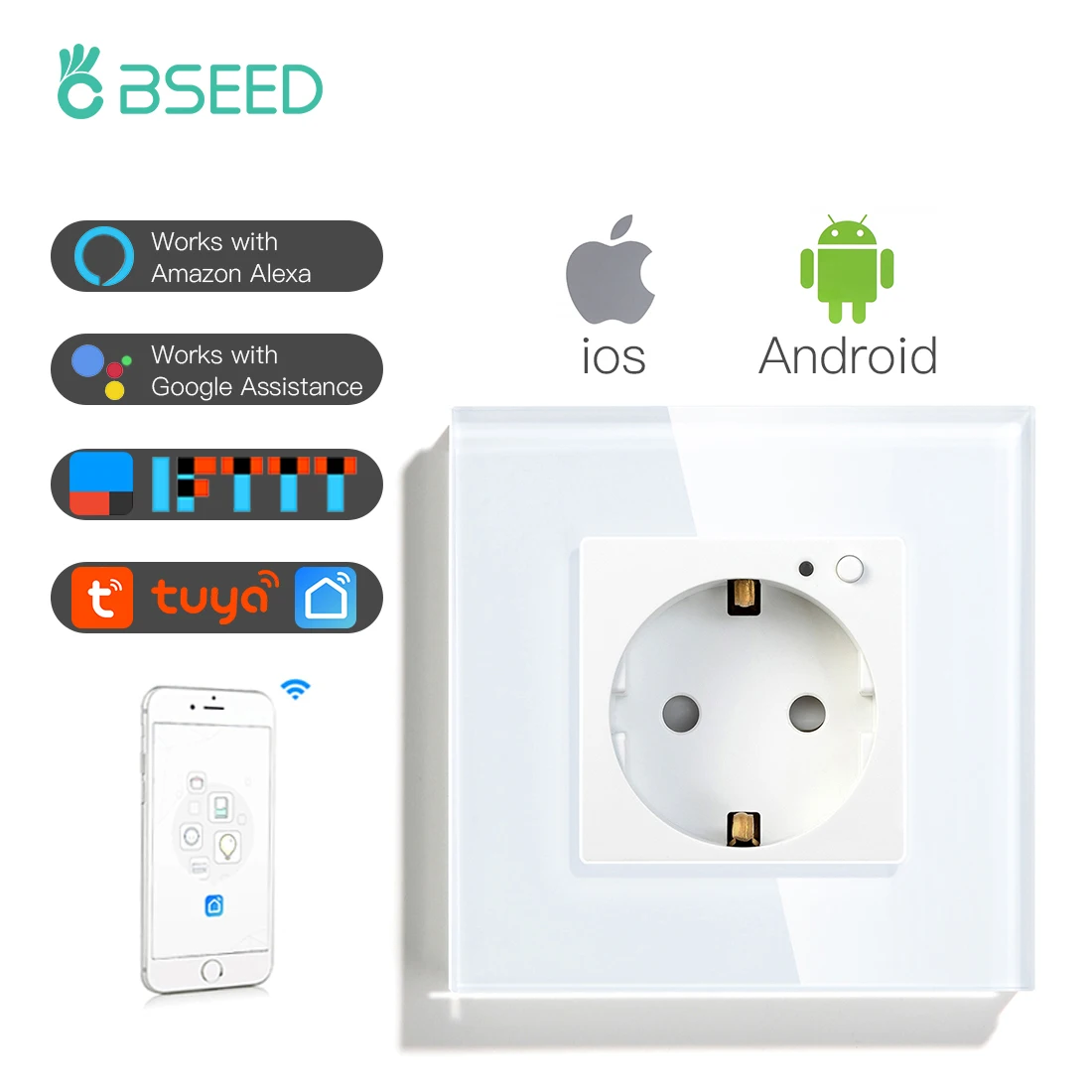BSEED zócalo enchufe de pared Wifi estándar de la UE 86*86mm potencia inteligente tomas enchufe WIFI blanco negro oro colores Google Alexa Control de APP