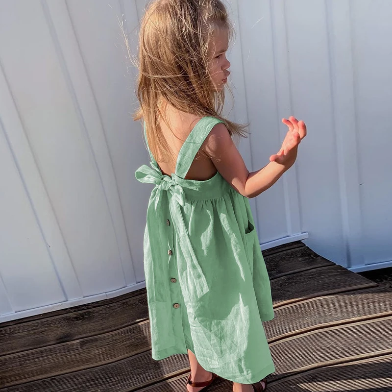 Kids Sleeveless Suspender Dress  Girls' Cotton and Linen with Adjustable Shoulder Straps Summer Casual Pocket Kids Toddlers Dresses in Green