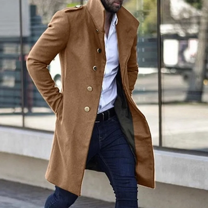 Мужское пальто Тренч куртка Тонкий сплошной цвет дикая стоячий воротник однобортный длинный Тренч куртка повседневное пальто - Цвет: khaki