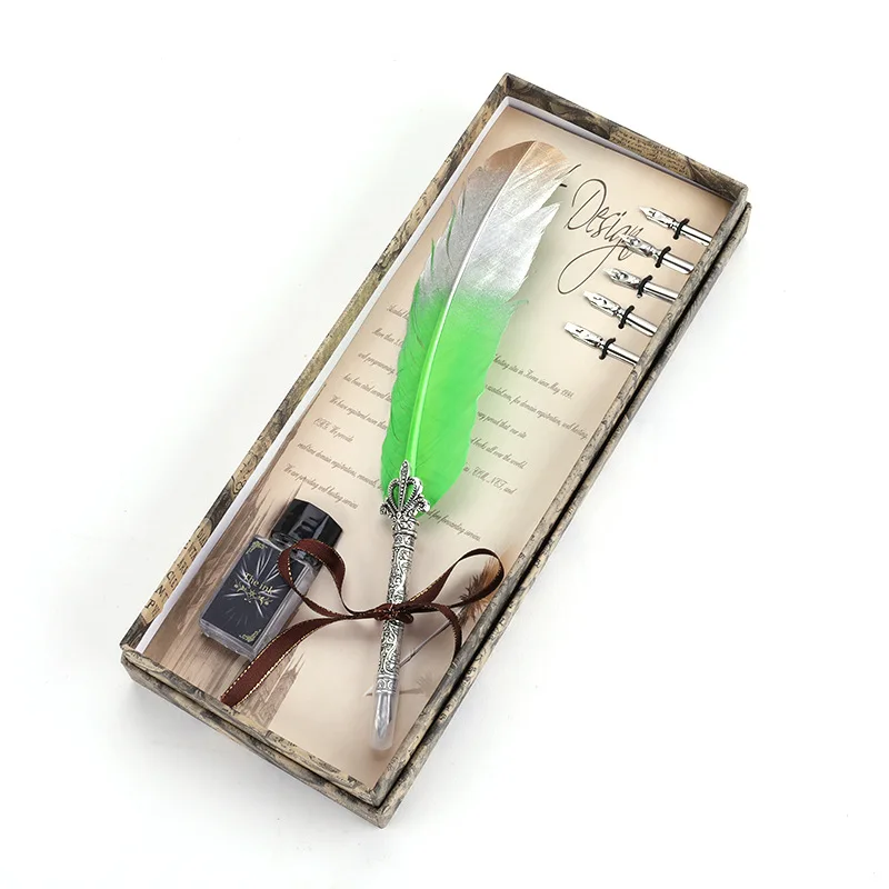 PS210 1Set Calligraphy Feather Dip with 5 Nib Gift Quill Pen Writing Ink Set Gift Box Wedding Fountain Pen Design New