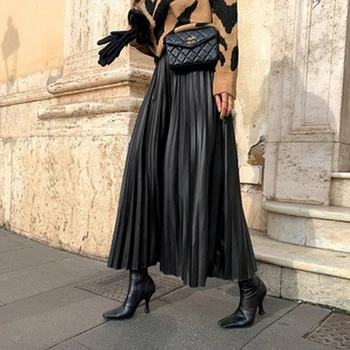 

Lugentolo Faux Leather Pleated Skirts Womens Winter Fashion Solid High Waist Solid Big Swing Simplicity Casual Long Skirt