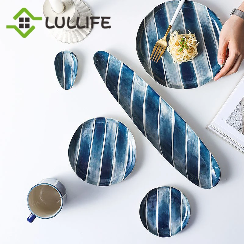 1 шт фарфоровые посуды с синими полосотными рисунками тарелка длиная чашка
