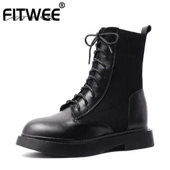 

FITWEE Real Leather Women Ankle Boots Lace Up Round Toe Shoes Winter Warm Boots Women Fashion Party Footwear Size 34-39